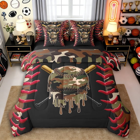 Erosebridal Teens Abstract Camouflage Baseball Twin Bedding Sets 7-Piece,Sport Theme Bedding Comforter Set for Kids Boys,Black Reversible,Breathable Home Decor