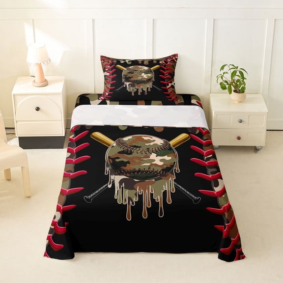 Erosebridal Teens Abstract Camouflage Baseball Twin Sheet Sets 3pcs,Sport Theme Bedding for Kids Boys,Breathable Home Decor