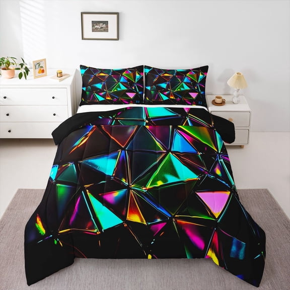Erosebridal Teens Abstract Iridescent Triangle Queen Comforter Set 3pcs,Boys Girls Colorful Minimalist Geometric Bedding Comforter Set,Black Reversible