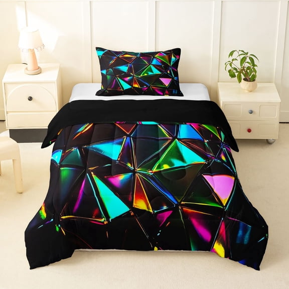 Erosebridal Teens Abstract Iridescent Triangle Twin Comforter Sets 3-Piece,Boys Girls Colorful Minimalist Geometric Bedding Set,Black Reversible