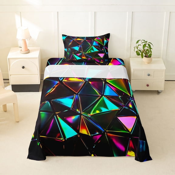 Erosebridal Teens Abstract Iridescent Triangle Twin Sheet Sets 3pcs,Boys Girls Colorful Minimalist Geometric Bedding