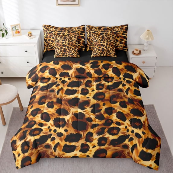 Erosebridal Teens Abstract Leopard Print Bedding Comforter Set 7 Pieces,Wildlife Cheetah Print Full Bedding Set For Adults,Black Reversible