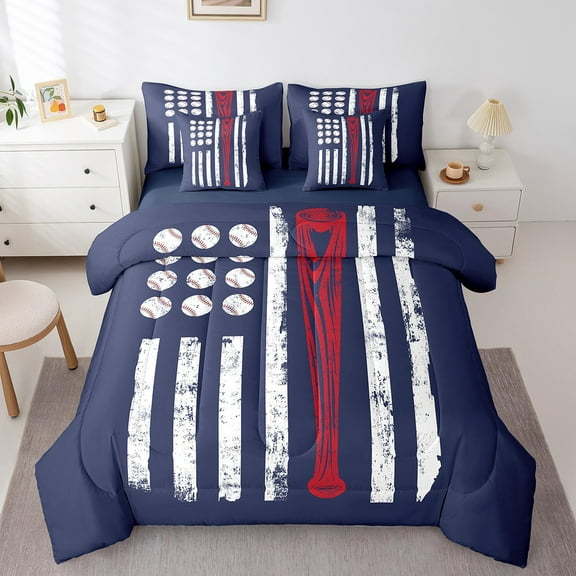 Erosebridal Teen Sport Baseball Bedding Sets Twin Size,Usa Flag Comforter Sets with Sheets,Vintage Decoration,Reversible,Breathable,7pcs