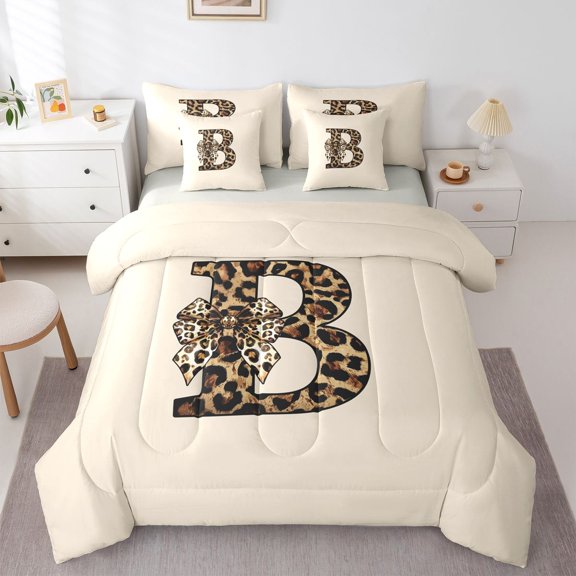 Erosebridal Teens Adults B Personalized Initial Bedding Comforter Set 7pcs,Leopard Print Bow Knot Queen Bedding Sets For Girls Boys,Grey Reversible