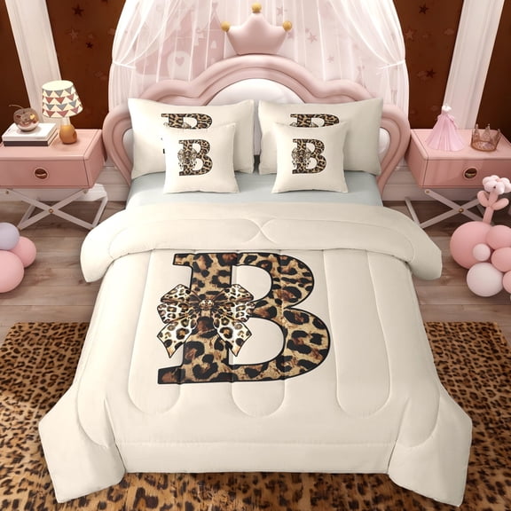 Erosebridal Teens Adults B Personalized Initial Twin Bedding Sets 7-Piece,Leopard Print Bow Knot Bedding Comforter Set For Girls Boys,Grey Reversible