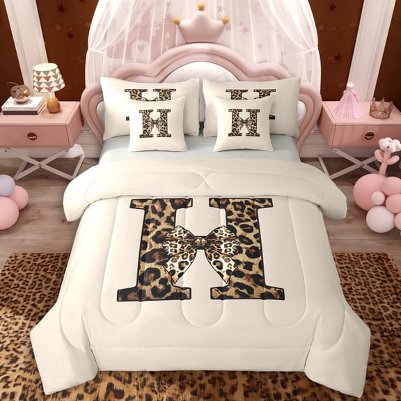 Erosebridal Teens Adults H Personalized Initial Twin Bedding Sets 7-Piece,Leopard Print Bow Knot Bedding Comforter Set For Girls Boys,Grey Reversible