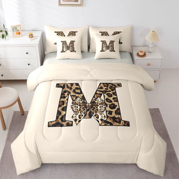 Erosebridal Teens Adults M Personalized Initial Bedding Comforter Set 7pcs,Leopard Print Bow Knot Queen Bedding Sets For Girls Boys,Grey Reversible