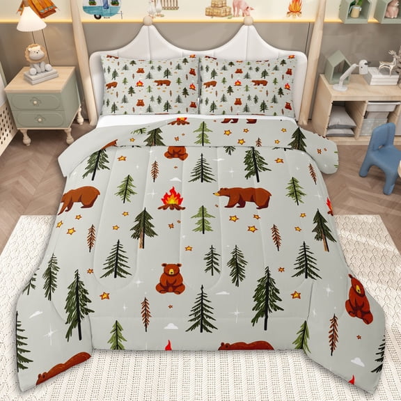 Erosebridal Teens Animal Bears Queen Comforter Set 3pcs,Kids Boys Girls Happy Camping Bedding Comforter Set,Grey Reversible,Ultra Soft Home Decor