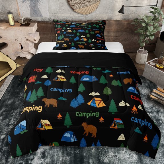 Erosebridal Teens Animal Bears Twin Comforter Sets 3-Piece,Kids Boys Girls Camping Tents Bedding Set,Black Reversible,Ultra Soft Home Decor