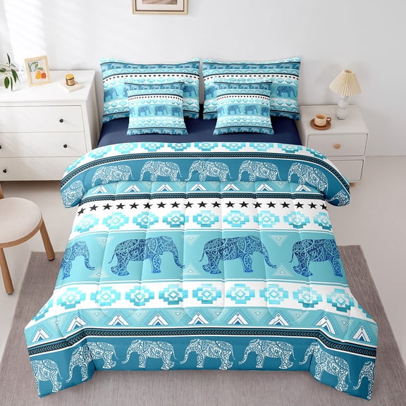 Erosebridal Teens Animal Elephant Bed in a Bag King size,Bohemian Wildlife Bedding Sets King Size,Aztec Room Decorative,Reversible,Ultra Soft,7 Pieces