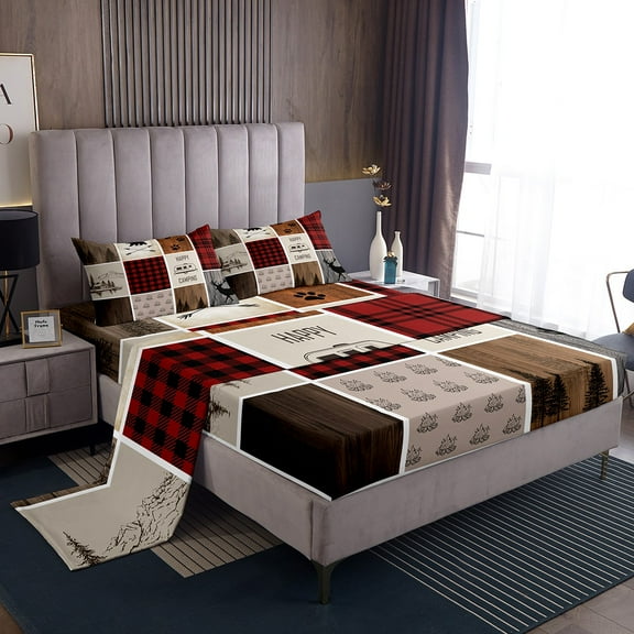 Erosebridal Wildlife Deer Bear Bed Sheets King,Camping Camper Bedding King Size,Geometric Room Decorative,Super Cozy,4pcs