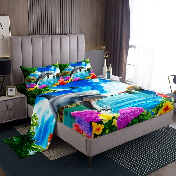 Erosebridal Marine Dolphin Bed Sheets King,Ocean Wildlife Bedding King Size,Floral Decoration,Super Cozy,4pcs