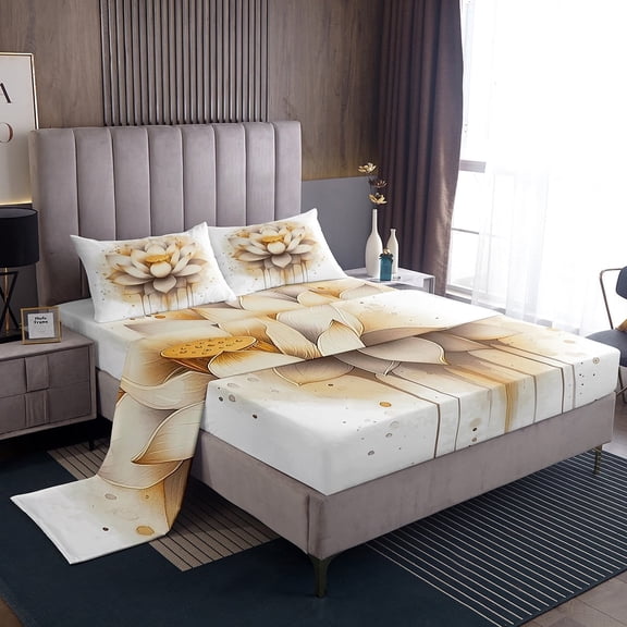 Erosebridal Floral Lotus Bed Sheets King,Nature Flower Bedding King Size,Watercolor Decoration,Super Cozy,4pcs