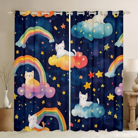 Erosebridal Cute Cat Stars Curtains for Living Room,Pink Blue 30%-50% Blackout Curtains Set of 2 (38x45),Rainbow Decor