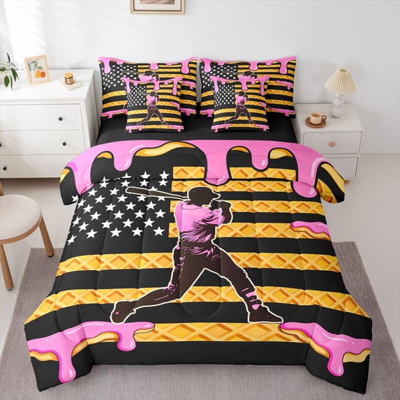 Erosebridal Teens Baseball Gamer Ice Cream Drip Bedding Comforter Set 7 Pieces,USA Flag Waffle Full Bedding Set for Kids Boys Girls,Black Reversible,Super Cozy Room Decor