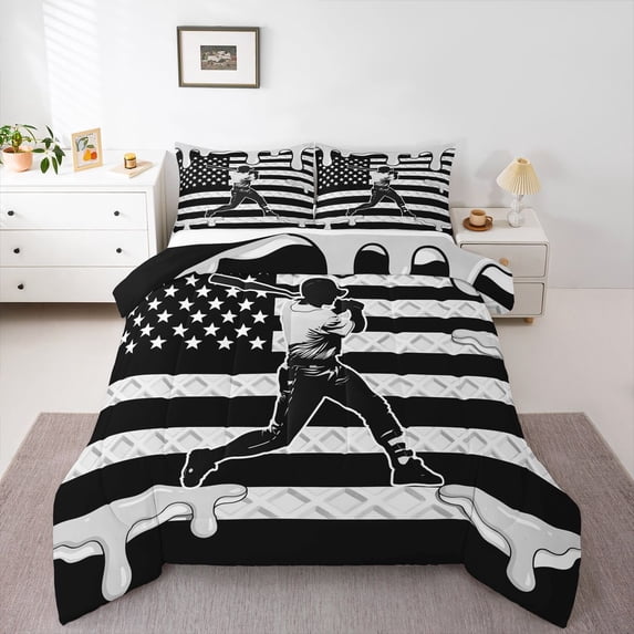 Erosebridal Teens Baseball Gamer Ice Cream Drip Full Size Comforter Sets 3 Pieces,USA Flag Waffle Bedding Sets for Kids Boys Girls,Black Reversible,Lightweight Room Decor