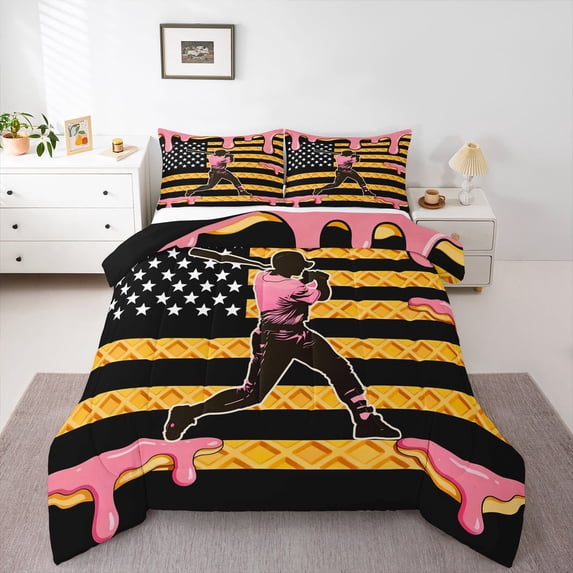 Erosebridal Teens Baseball Gamer Ice Cream Drip Full Size Comforter Sets 3 Pieces,USA Flag Waffle Bedding Sets for Kids Boys Girls,Black Reversible,Lightweight Room Decor
