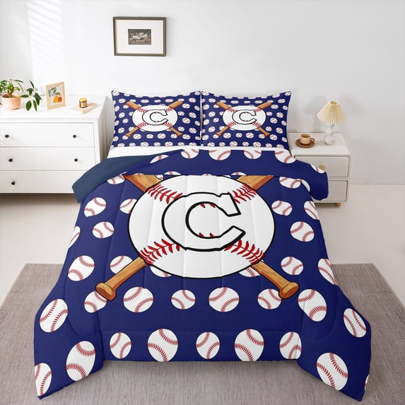 Erosebridal Teens Baseball Gaming Letter C Monogrammed Queen Comforter Set 3pcs,Girls Boys Sport Gamer Bedding Comforter Set,Navy Blue Reversible,Super Cozy Room Decor