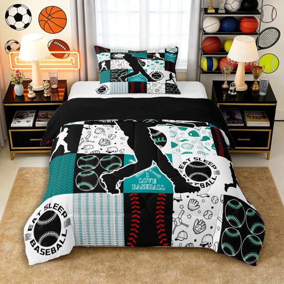 Erosebridal Teens Baseball Print Twin Comforter Sets 3-Piece,Kids Boys Sport Gamer Geometric Grid Bedding Set,Black Reversible,Super Cozy Room Decor