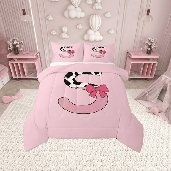 Erosebridal Monogrammed Letter Bedding Twin Comforter Set,Cattle Print Down Comforter,Lightweight Reversible Bedding Sets Twin with Comforter,Pink Bow Tie Decoration,3pcs