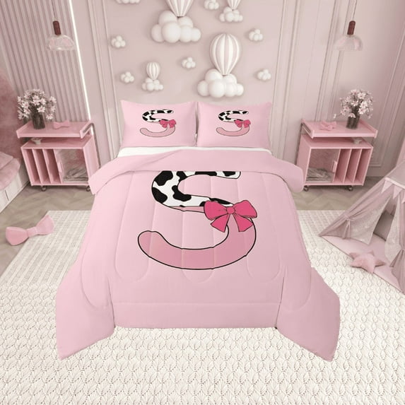Erosebridal Monogrammed Letter Bedding Twin Comforter Set,Cattle Print Down Comforter,Lightweight Reversible Bedding Sets Twin with Comforter,Pink Bow Tie Decoration,3pcs