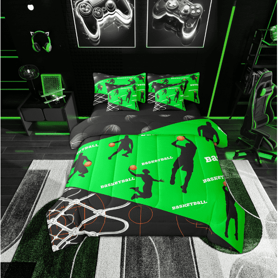 Erosebridal Teens Basketball Bedding Sets Twin Size, Green Comforter Sets with Sheets, Modern Ball Sports Decor, Reversible 7pcs