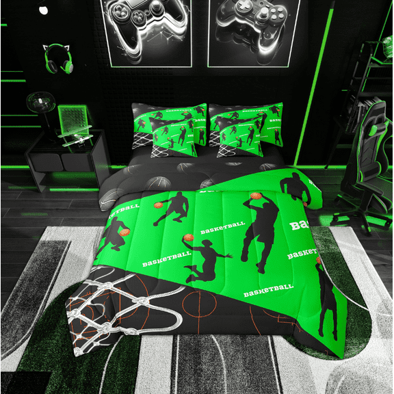 Erosebridal Teens Basketball Bedding Sets Twin Size, Green Comforter Sets with Sheets, Modern Ball Sports Decor, Reversible 7pcs