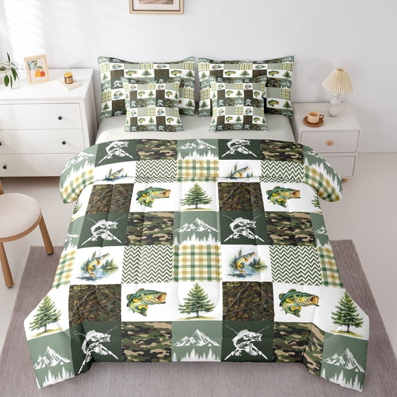 Erosebridal Teens Big Bass Fish Bedding Comforter Set 7pcs,Abstract Camouflage Geometric Plaid Queen Bedding Sets For Adults,Grey Reversible