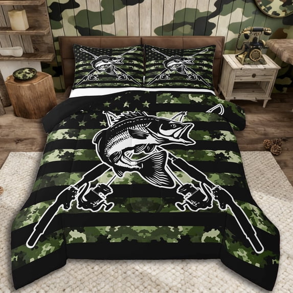 Erosebridal Teens Big Bass Fish Queen Comforter Set 3pcs,Green Camouflage USA Flag Bedding Comforter Set For Adults,Black Reversible