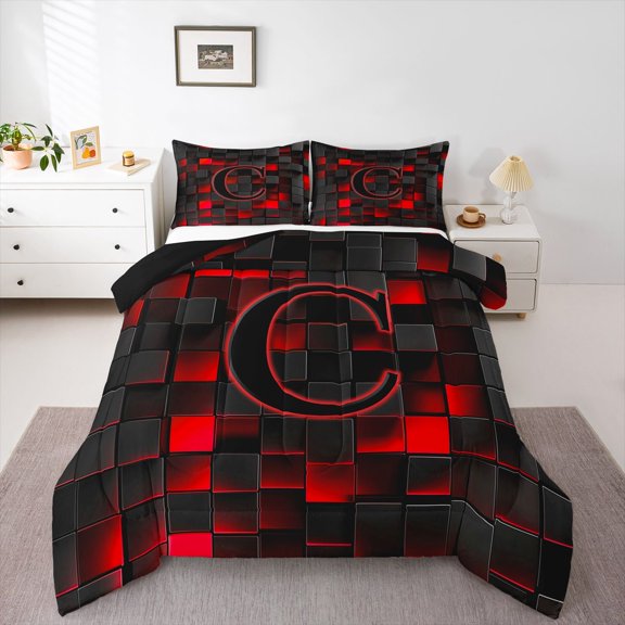 Erosebridal Teens Black Red Geometric Grid Queen Comforter Set 3pcs,C Personalized Initial Bedding Comforter Set For Boys Girls,Black Reversible