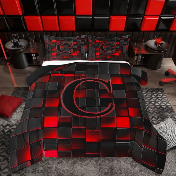 Erosebridal Teens Black Red Geometric Grid Queen Comforter Set 3pcs,C Personalized Initial Bedding Comforter Set For Boys Girls,Black Reversible