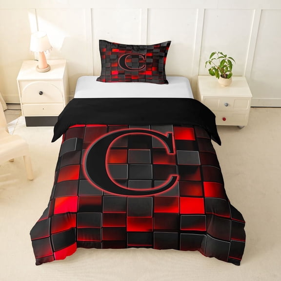 Erosebridal Teens Black Red Geometric Grid Twin Bedding,C Personalized Initial Duvet Cover Set For Boys Girls,Black Reversible,2pcs,No Comforter