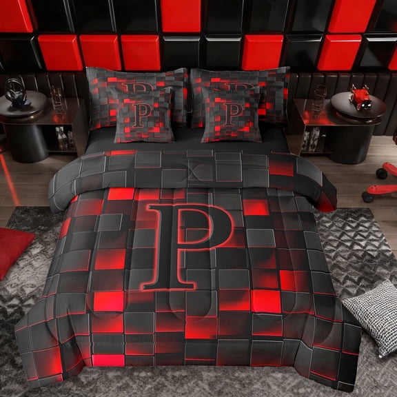 Erosebridal Teens Black Red Geometric Grid Twin Bedding Sets 7-Piece,P Personalized Initial Bedding Comforter Set For Boys Girls,Black Reversible