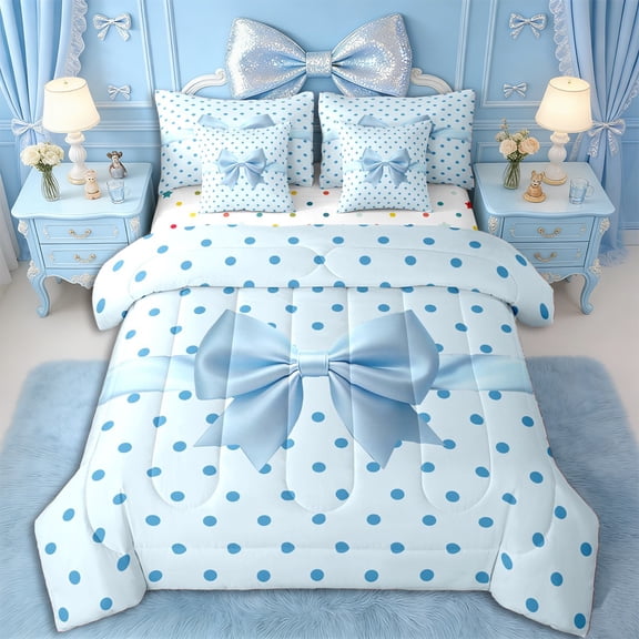 Erosebridal Teens Blue Bowknot Twin Bedding Sets 7-Piece,Cute Polka Dots Bowtie Bedding Comforter Set for Kids Girls,Luxury Bedroom Decor