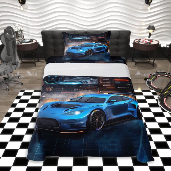 Erosebridal Teens Blue Sport Car Twin Sheet Sets 3pcs,Kids Boys Rally Race Fast Car Bedding,Lightweight Room Decor
