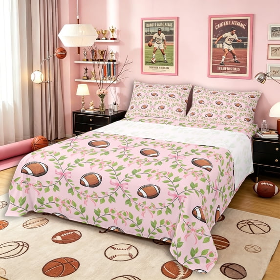 Erosebridal Teens Brown Football Full Size Sheets 4-Piece,Kawaii Ribbon Bowknot Bed Sheets for Kids Boys Girls,Ultra Soft Home Decor