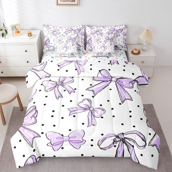 Erosebridal Teens Cartoon Bow Bedding Queen Size,Kawaii Polka Dots Comforter Sets with Sheets,Cute Decoration,Reversible,Breathable,7pcs