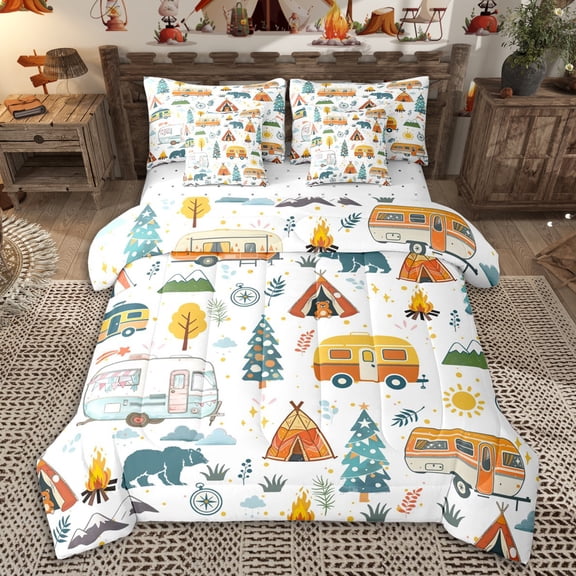 Erosebridal Teens Cartoon Camper Twin Bedding Sets 7-Piece,Girls Boys Adventure Theme Kawaii Bear Bedding Comforter Set,Luxury Bedroom Decor