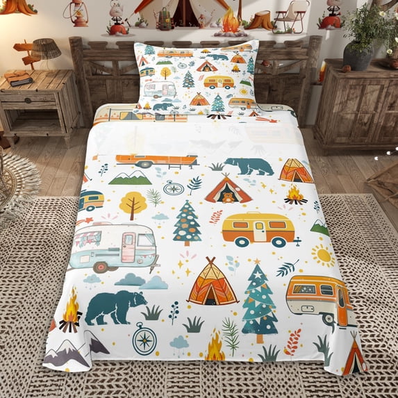 Erosebridal Teens Cartoon Camper Twin Sheet Sets 3pcs,Girls Boys Adventure Theme Kawaii Bear Bedding,Luxury Bedroom Decor