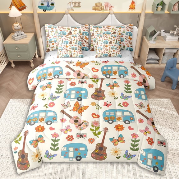 Erosebridal Teens Cartoon Floral RV Car Bedding Comforter Set 7pcs,Girls Boys Happy Camping Butterflies Guitar Queen Bedding Sets,Breathable Home Decor