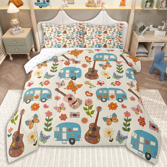 Erosebridal Teens Cartoon Floral RV Car Full Size Comforter Sets 3 Pieces,Girls Boys Happy Camping Butterflies Guitar Bedding Sets,Breathable Home Decor