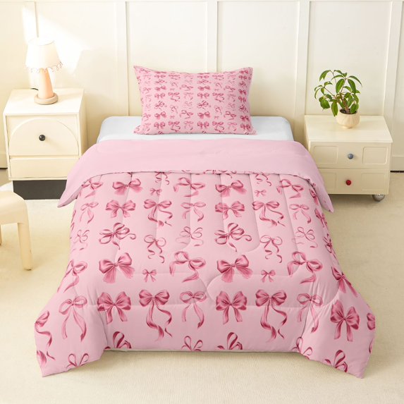 Erosebridal Teens Cartoon Ribbon Bow Knot Twin Comforter Sets 3-Piece,Kids Girls Princess Pink Bowtie Bedding Set,Pink Reversible