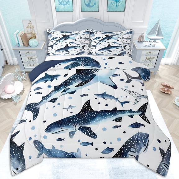Erosebridal Teens Cartoon Sea Sharks Queen Comforter Set 3pcs,Boys Girls Ocean Marine Animal Bedding Comforter Set,Navy Blue Reversible,Ultra Soft Home Decor