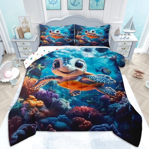Erosebridal Teens Cartoon Sea Turtle Queen Comforter Set 3pcs,Boys Girls Kawaii Coastal Ocean Animal Bedding Comforter Set,Ultra Soft Home Decor