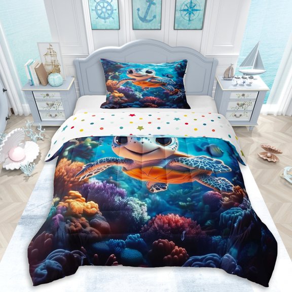 Erosebridal Teens Cartoon Sea Turtle Twin Comforter Sets 3-Piece,Boys Girls Kawaii Coastal Ocean Animal Bedding Set,Ultra Soft Home Decor