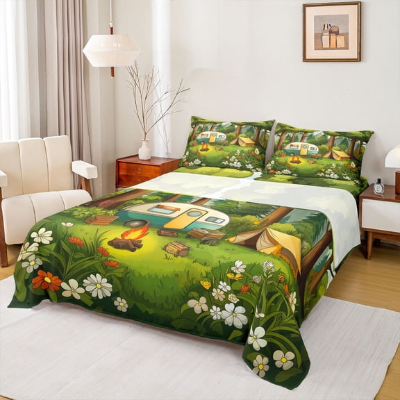 Erosebridal Teens Cartoon Tent RV Car Bed Sheets 4pcs,Girls Boys Chic Flowers Camping Theme King Sheets,Super Cozy Room Decor