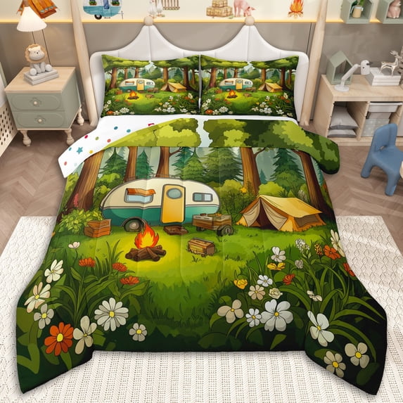 Erosebridal Teens Cartoon Tent RV Car Full Size Comforter Sets 3 Pieces,Girls Boys Chic Flowers Camping Theme Bedding Sets,Super Cozy Room Decor