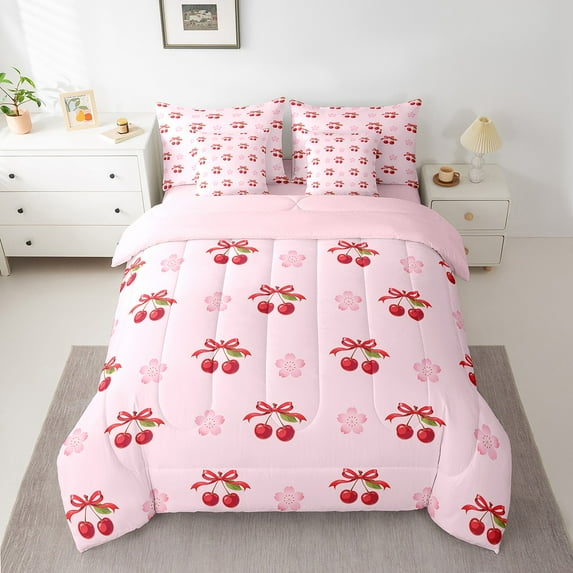 Erosebridal Teens Cherry Bedding King Size, Cherry Blossoms Floral Bed in a Bag King size, Pink, Reversible 7-Piece