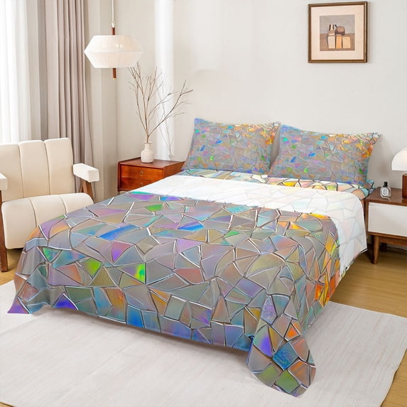 Erosebridal Teens Colored Ice Glitter Print Queen Sheet Sets 4 Pieces,Colorful Rainbow Glass Mosaic Print Bed Set For Boys Girls