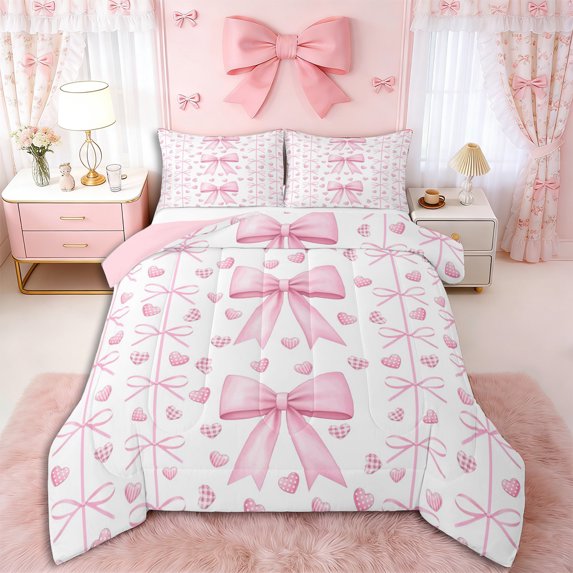 Erosebridal Teens Cute Love Heart Bowtie Queen Comforter Set 3pcs,Girls Kids Geometric Plaid Polka Dots Bedding Comforter Set,Pink Reversible,Breathable Home Decor